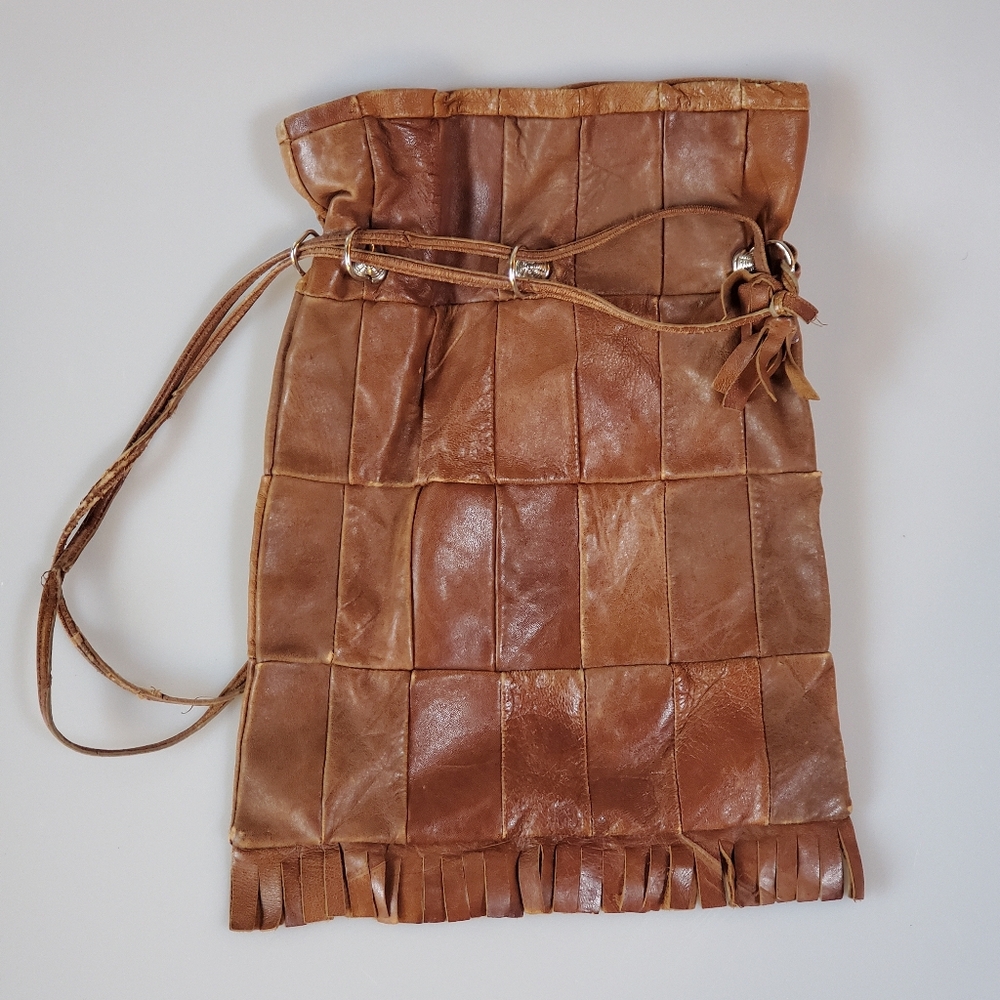 Vintage Patchwork Leather Drawstring Purse Bag - image 2